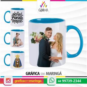 Caneca De Cerâmica PERSONALIZADA Branca Com Interior, Alça e Borda AZUL 325ml Porcelana 325ml Sublimação Brilho Personalização 