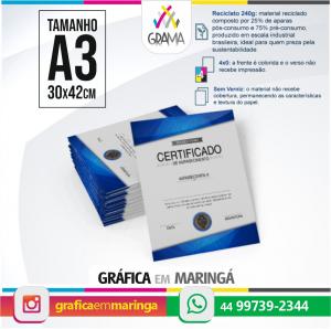 Certificados A3 Papel Reciclato 240g 30 x 42 cm 4x0 Sem Revestimento Refile 