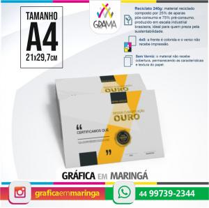 Certificados A4 Papel Reciclato 240g 21 x 29,7 cm 4x0 Sem Revestimento Refile 