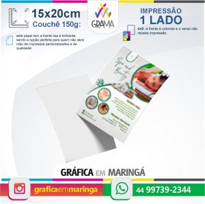 Flyers 15 x 20 cm 150g Impressão 1 lado Couchê 150g 15 x 20 cm 4x0 Sem verniz Corte Reto 